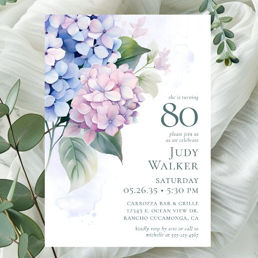 Invitation Fête d'anniversaire 80 ans aux Hydrangeas Bleu Ros
