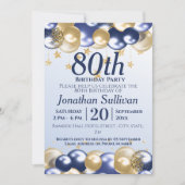 Invitation Fête d'anniversaire 80 ans ballons dorés marine (Devant)