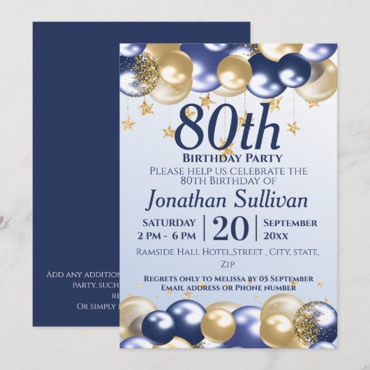 Invitation Fête d'anniversaire 80 ans ballons dorés marine (Devant / Derrière)