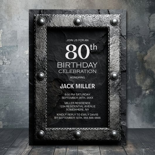 Invitation Fête d'anniversaire 80 ans cadre argent ardoise no