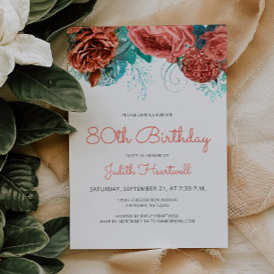 Invitation Fête d'anniversaire 80 ans Coral Teal Blue Floral