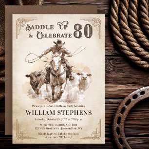 Invitation Fête d'anniversaire 80 ans Cowboy Western Vintage