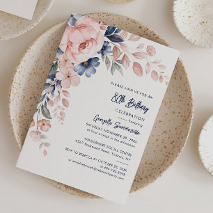 Invitation Fête d'anniversaire 80 ans écriture florale rose