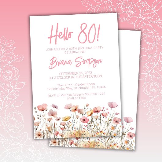 Invitation Fête d'anniversaire 80 ans fleurs roses