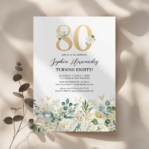 Invitation Fête d'anniversaire 80 ans Floral Vert & Blanc