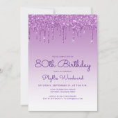 Invitation Fête d'anniversaire 80 ans Glitter Drip Violet (Devant)