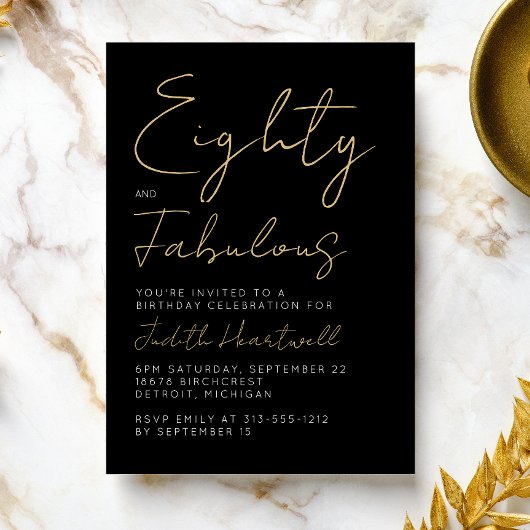 Invitation Fête d'anniversaire 80 ans moderne et fabuleuse or