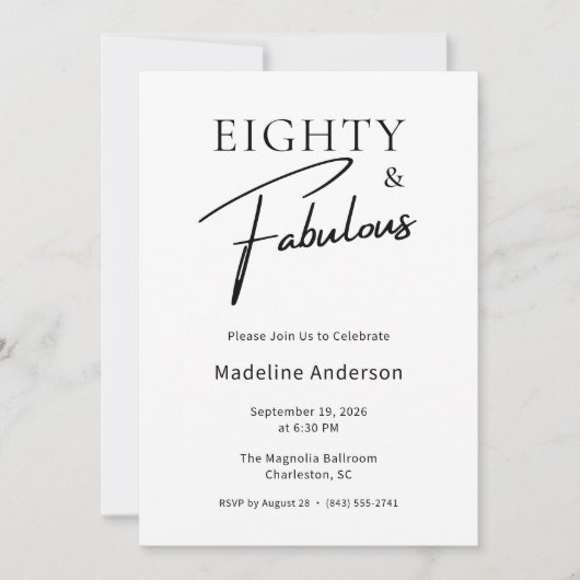 Invitation Fête d'anniversaire 80 ans noir blanc Eighty & Fab (Devant)