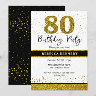 Invitation Fête d'anniversaire 80 ans paillettes noir et or