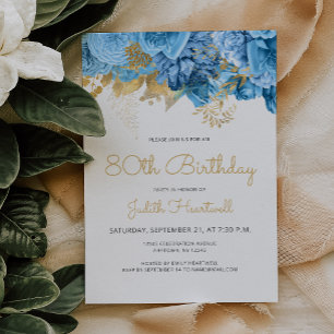Invitation Fête d'anniversaire 80 ans Pastel Blue Floral
