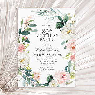 Invitation Fête d'anniversaire 80 ans Rose Fleurie Teint Fémi