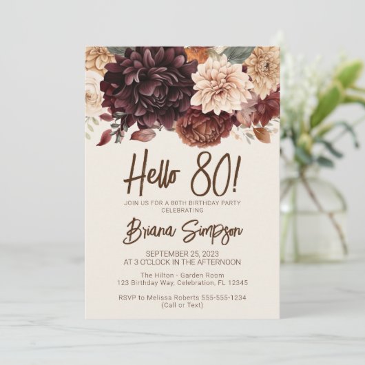 Invitation Fête d'anniversaire 80e Brown Beige Ivory Floral (Debout devant)