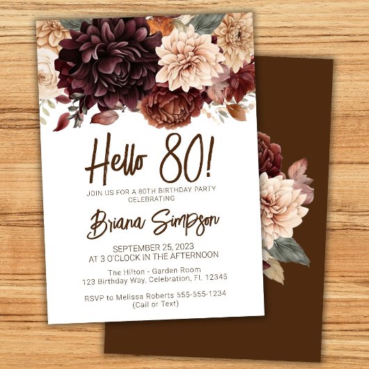 Invitation Fête d'anniversaire 80e Fleurs beiges Brown Floral