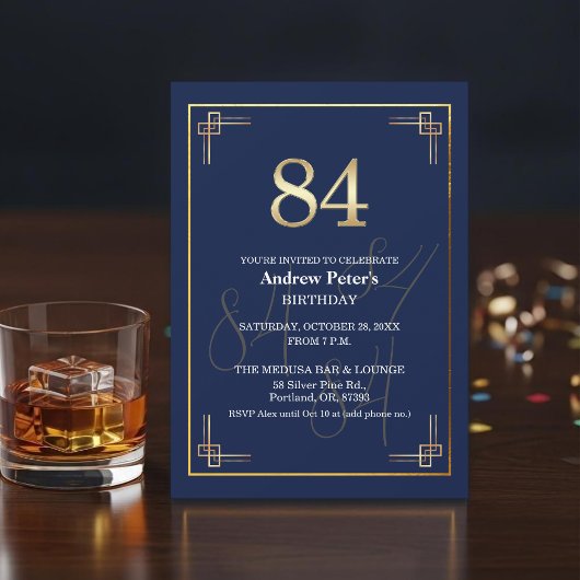 Invitation Fête d'anniversaire 84 ans Elegant Blue Gold