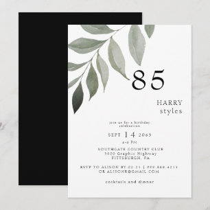 Invitation Fête d'anniversaire 85 ans avec verdure noir et bl