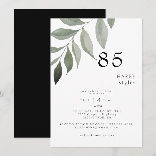 Invitation Fête d'anniversaire 85 ans avec verdure noir et bl (Devant / Derrière)
