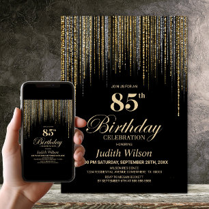 Invitation Fête d'anniversaire 85 ans Black Gold Glitter