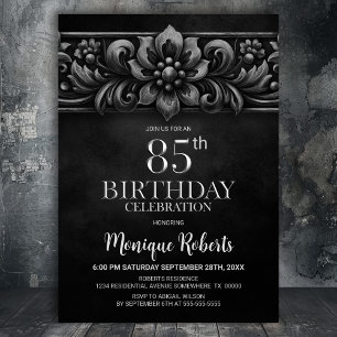 Invitation Fête d'anniversaire 85 ans Fleur Vintage Noir