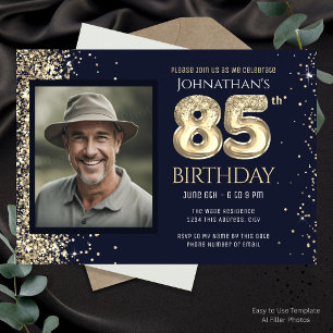 Invitation Fête d'anniversaire 85 ans Photo pailletée or bleu