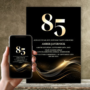 Invitation Fête d'anniversaire 85 ans texte or moderne noir