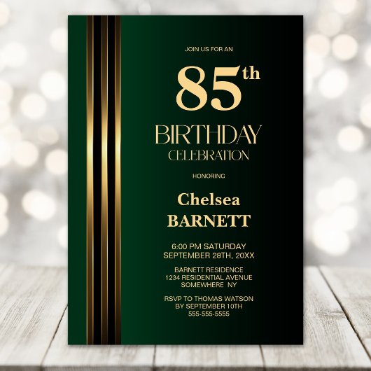 Invitation Fête d'anniversaire 85 ans vert noir rayures dorée