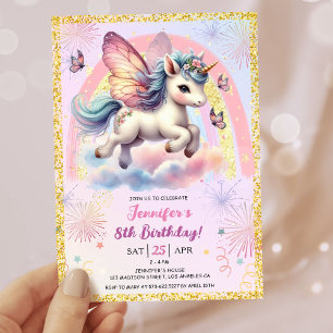Invitation Fête d'anniversaire 8 ans Licorne Fille Paillettes
