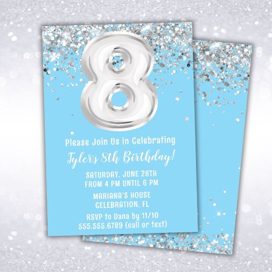 Invitation Fête d'anniversaire 8 ans Light Blue Silver