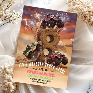 Invitation Fête d'anniversaire 8 ans Monster Truck Boom Crash