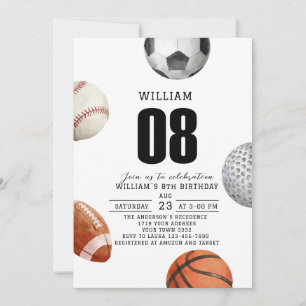 Invitation Fête d'anniversaire 8 ans Rockie année sports aqua