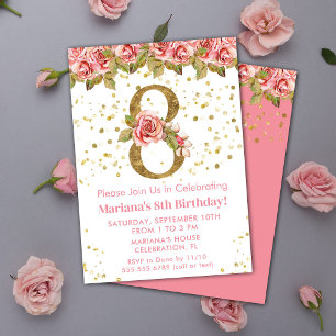 Invitation Fête d'anniversaire 8 ans thème Roses roses