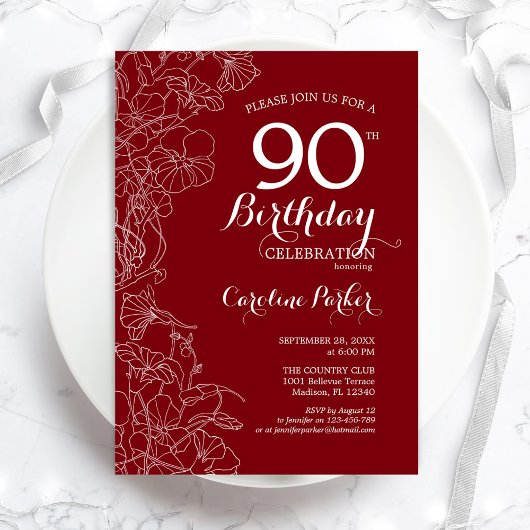 Invitation Fête d'anniversaire 90 ans à fleurs rouges