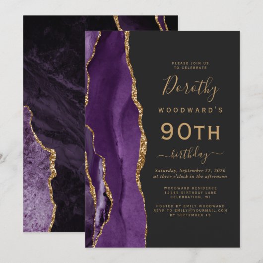 Invitation Fête d'anniversaire 90 ans Agate Or Violet (Devant / Derrière)