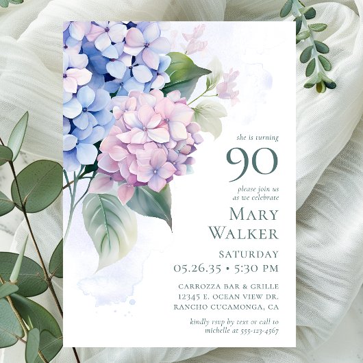 Invitation Fête d'anniversaire 90 ans aux Hydrangeas Bleus Ro