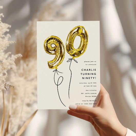 Invitation Fête d'anniversaire 90 ans Balloon Or Minimal 90