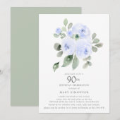 Invitation Fête d'anniversaire 90 ans Blue Floral Eucalyptus (Devant / Derrière)