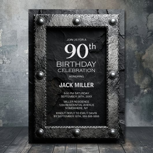 Invitation Fête d'anniversaire 90 ans cadre argent ardoise no
