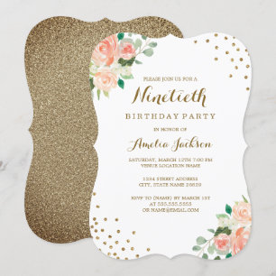 Invitation Fête d'anniversaire 90 ans Confettis Floraux Or Pê