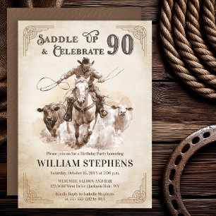 Invitation Fête d'anniversaire 90 ans Cowboy Western Vintage