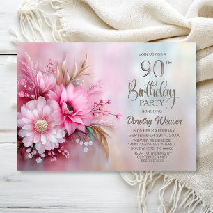 Invitation Fête d'anniversaire 90 ans Élégante Fleur Rose