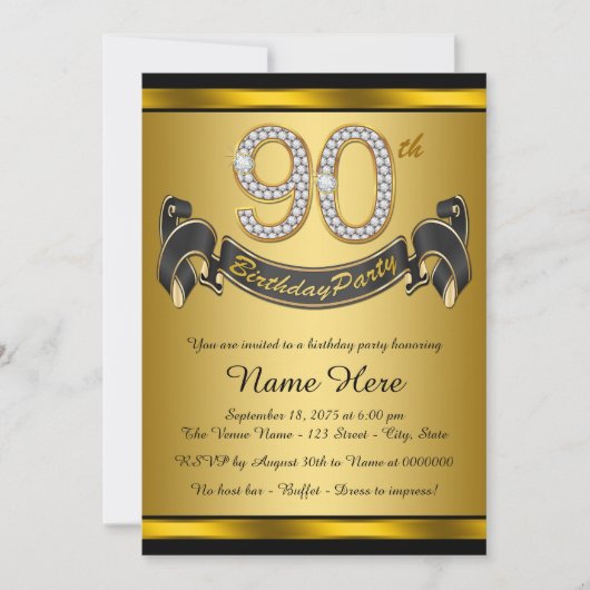 Invitation Fête d'anniversaire 90 ans en or (Devant)