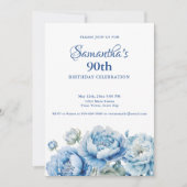 Invitation Fête d'anniversaire 90 ans Fleur bleue aquarelle (Devant)