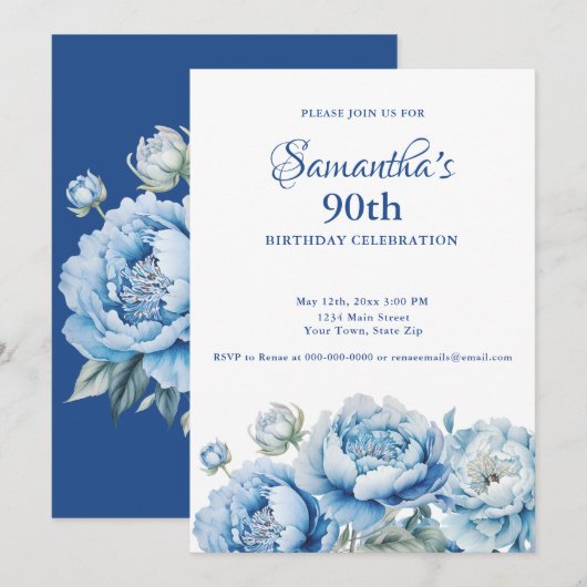 Invitation Fête d'anniversaire 90 ans Fleur bleue aquarelle (Devant / Derrière)