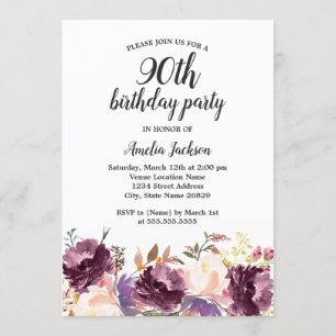Invitation Fête d'anniversaire 90 ans Fleur Florale Aquarelle