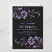 Invitation Fête d'anniversaire 90 ans Fleurs Noir Violet (Devant)