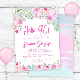 Invitation Fête d'anniversaire 90 ans Fleurs Rose Bleu Pêche