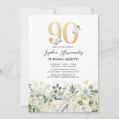 Invitation Fête d'anniversaire 90 ans Floral Vert & Blanc (Devant)