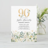 Invitation Fête d'anniversaire 90 ans Floral Vert & Blanc (Debout devant)