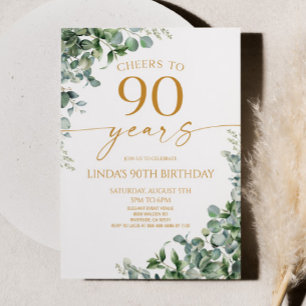 Invitation Fête d'anniversaire 90 ans Green Eucalyptus Gold