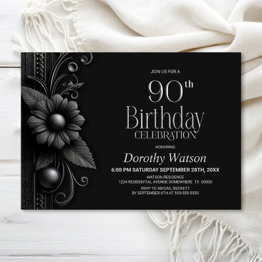 Invitation Fête d'anniversaire 90 ans Grey Flower