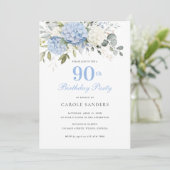 Invitation Fête d'anniversaire 90 ans Hydrangea Bleu Floral (Debout devant)